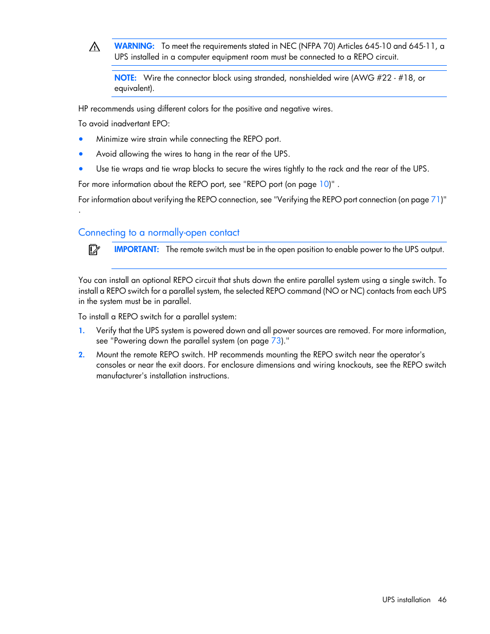 Connecting to a normally-open contact | HP Parallel Uninterruptible Power System User Manual | Page 46 / 115