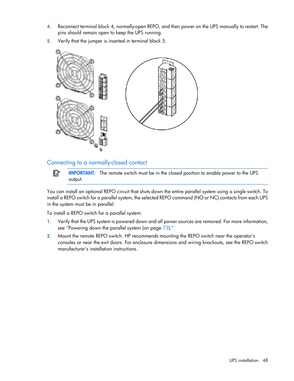 Connecting to a normally-closed contact | HP Parallel Uninterruptible Power System User Manual | Page 48 / 115