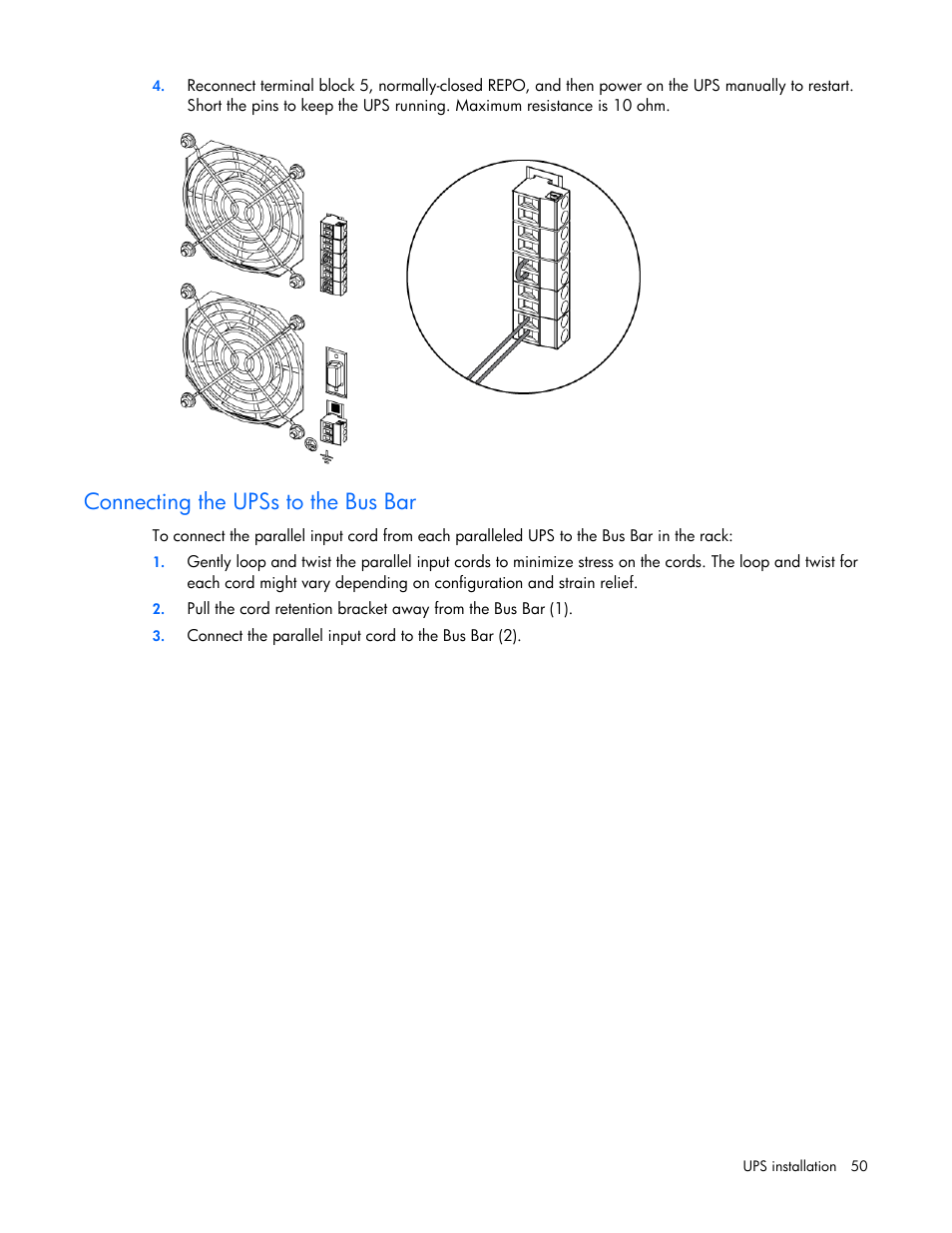 Connecting the upss to the bus bar | HP Parallel Uninterruptible Power System User Manual | Page 50 / 115