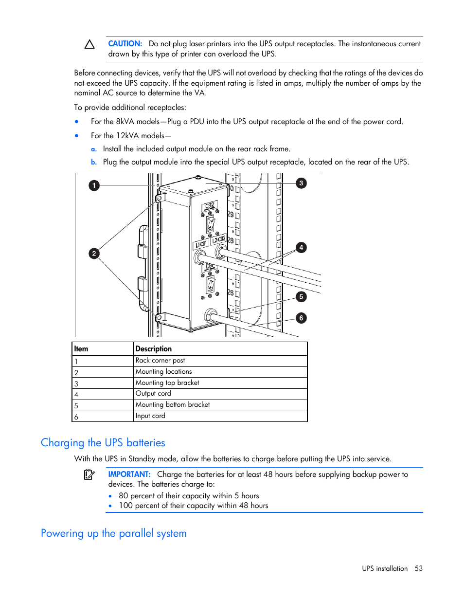 Charging the ups batteries, Powering up the parallel system | HP Parallel Uninterruptible Power System User Manual | Page 53 / 115