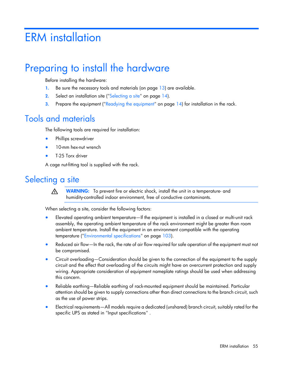 Erm installation, Preparing to install the hardware, Tools and materials | Selecting a site | HP Parallel Uninterruptible Power System User Manual | Page 55 / 115
