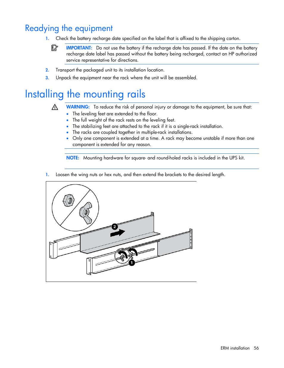 Readying the equipment, Installing the mounting rails | HP Parallel Uninterruptible Power System User Manual | Page 56 / 115