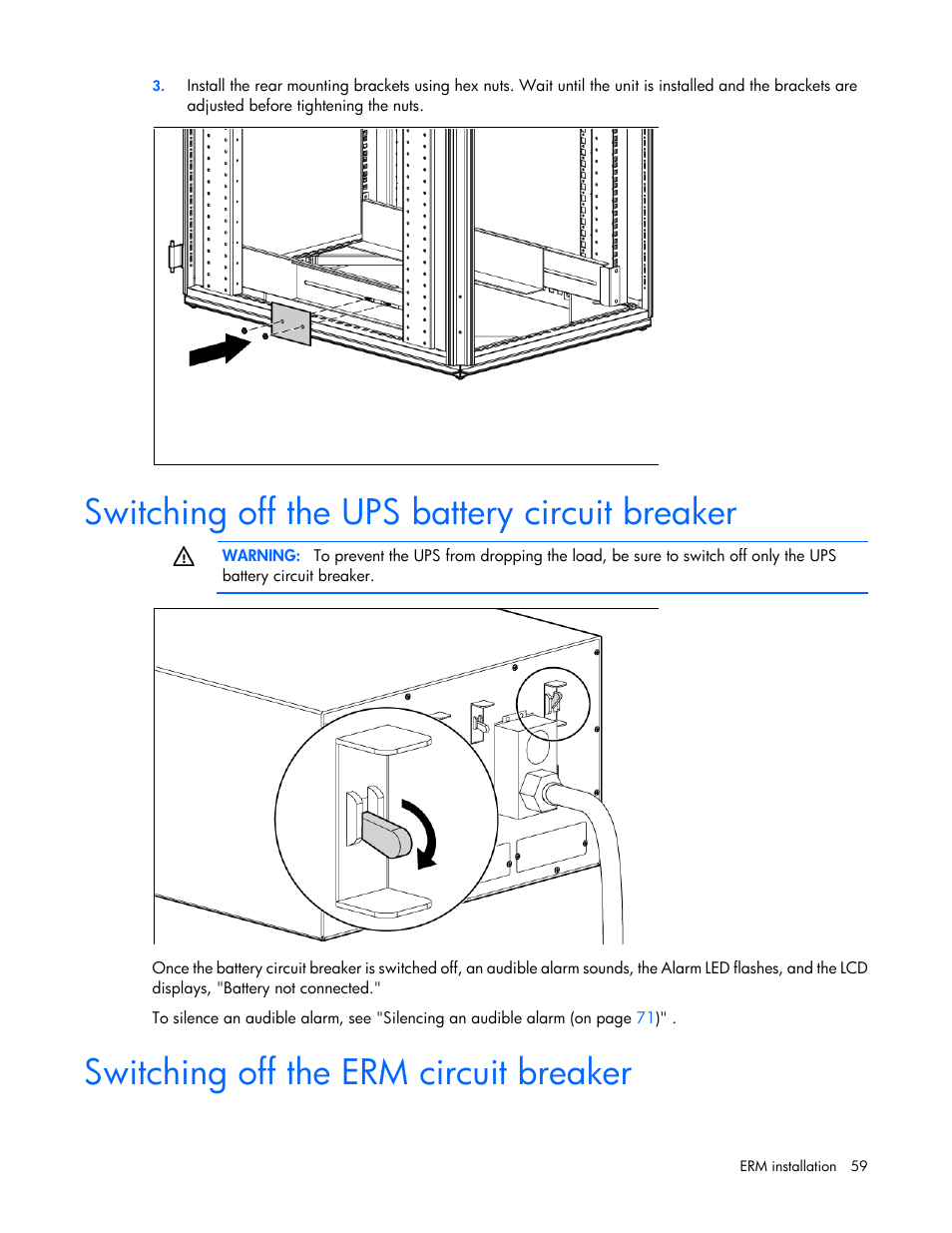 Switching off the ups battery circuit breaker, Switching off the erm circuit breaker | HP Parallel Uninterruptible Power System User Manual | Page 59 / 115