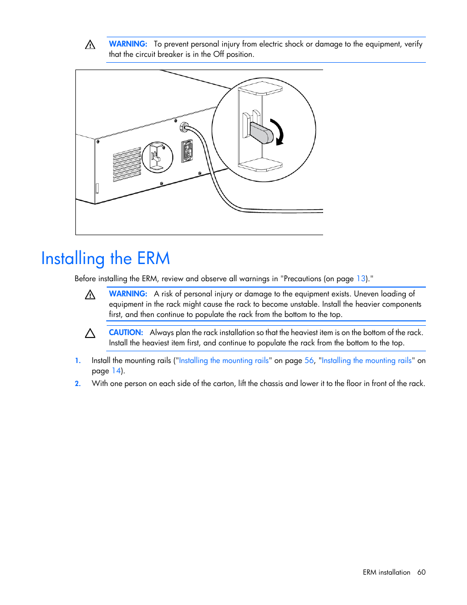 Installing the erm | HP Parallel Uninterruptible Power System User Manual | Page 60 / 115