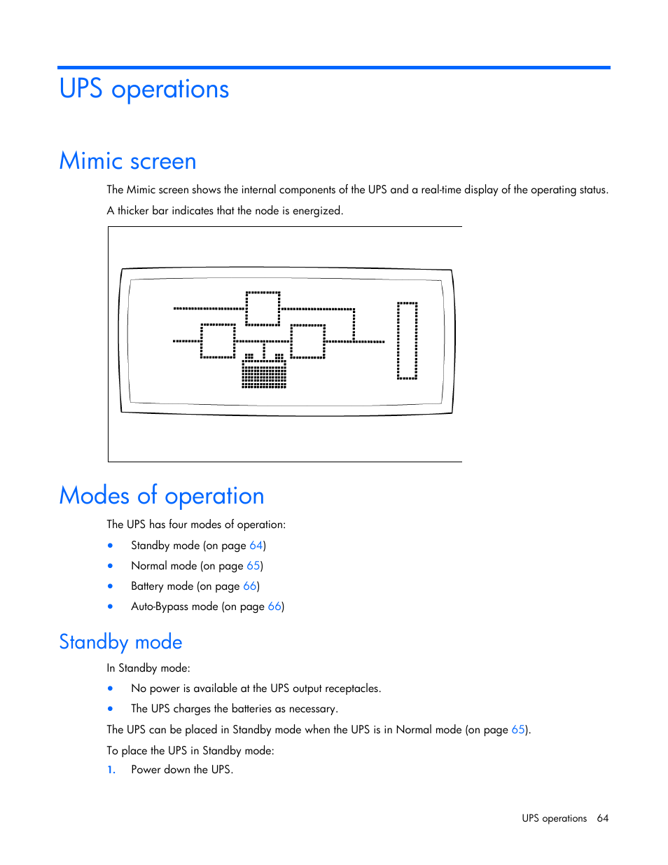 Ups operations, Mimic screen, Modes of operation | Standby mode | HP Parallel Uninterruptible Power System User Manual | Page 64 / 115