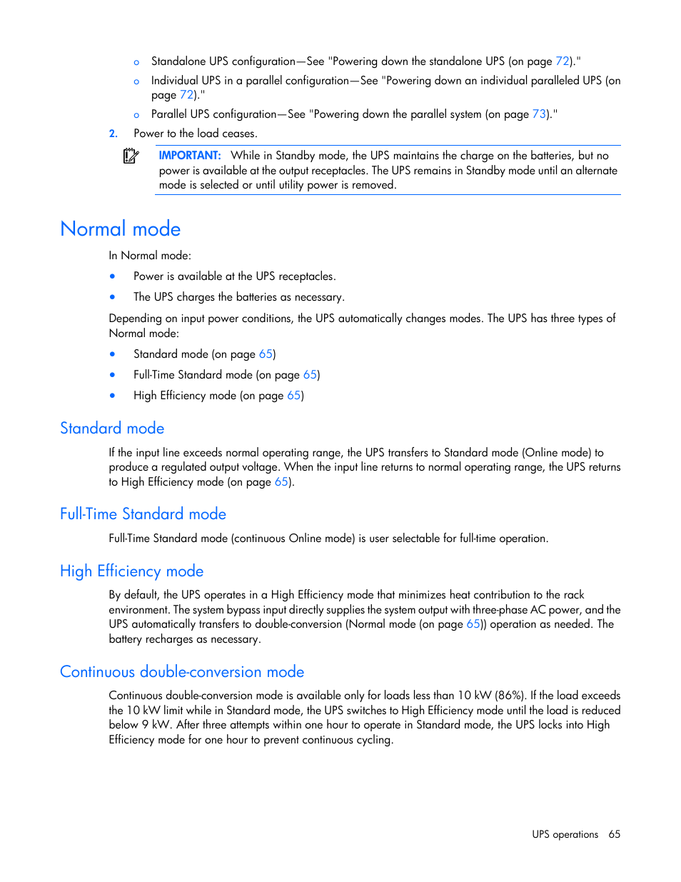 Normal mode, Standard mode, Full-time standard mode | High efficiency mode, Continuous double-conversion mode | HP Parallel Uninterruptible Power System User Manual | Page 65 / 115