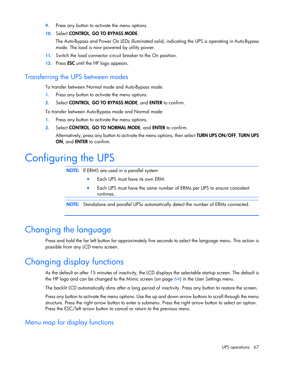 Transferring the ups between modes, Configuring the ups, Changing the language | Changing display functions, Menu map for display functions | HP Parallel Uninterruptible Power System User Manual | Page 67 / 115