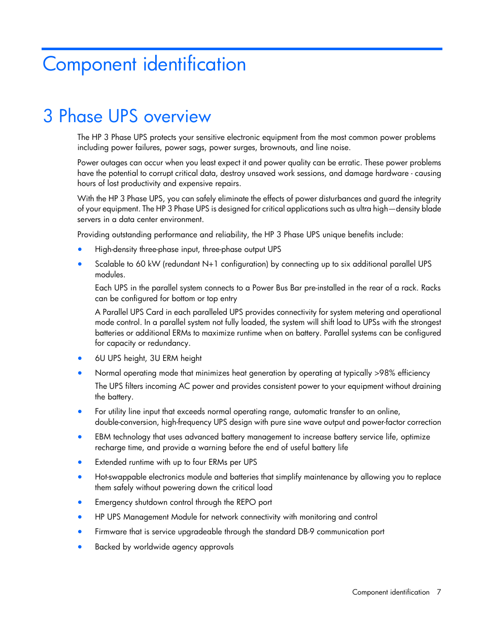 Component identification, 3 phase ups overview | HP Parallel Uninterruptible Power System User Manual | Page 7 / 115