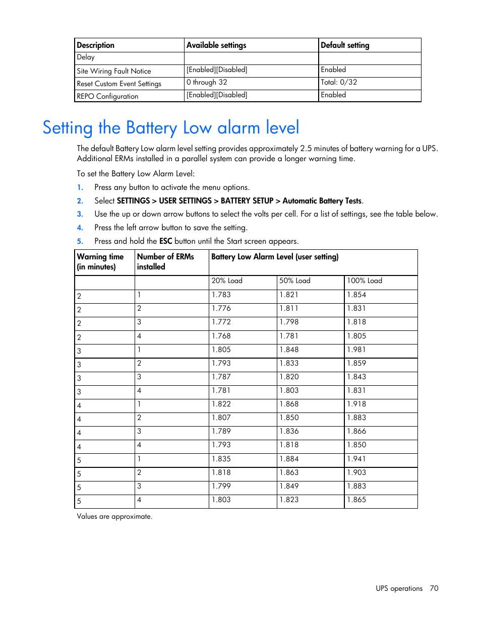 Setting the battery low alarm level | HP Parallel Uninterruptible Power System User Manual | Page 70 / 115