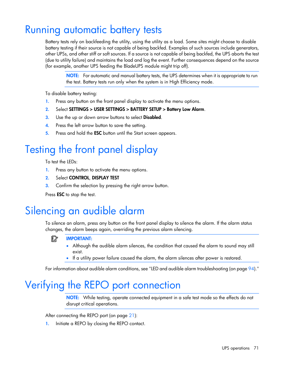 Running automatic battery tests, Testing the front panel display, Silencing an audible alarm | Verifying the repo port connection | HP Parallel Uninterruptible Power System User Manual | Page 71 / 115