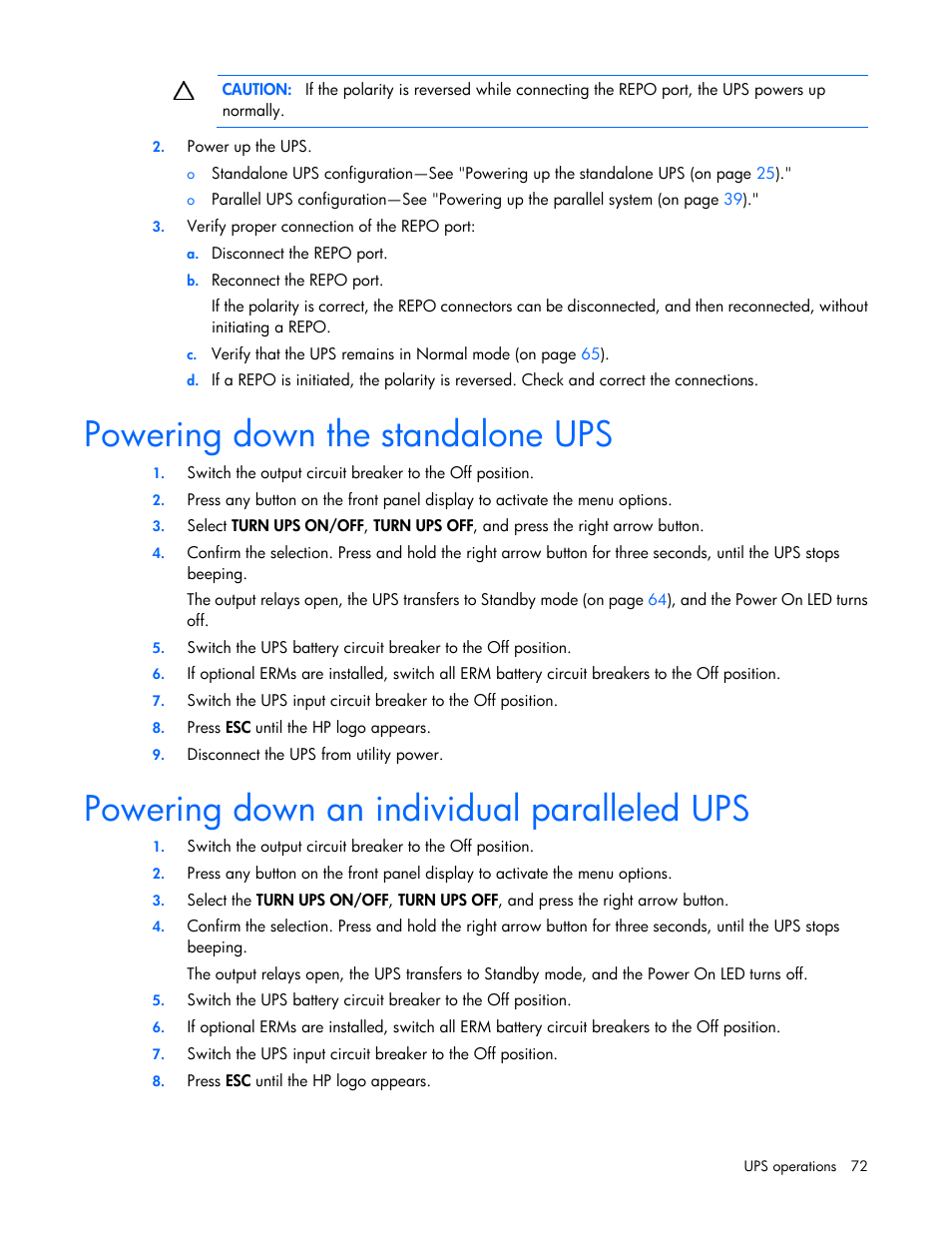 Powering down the standalone ups, Powering down an individual paralleled ups | HP Parallel Uninterruptible Power System User Manual | Page 72 / 115
