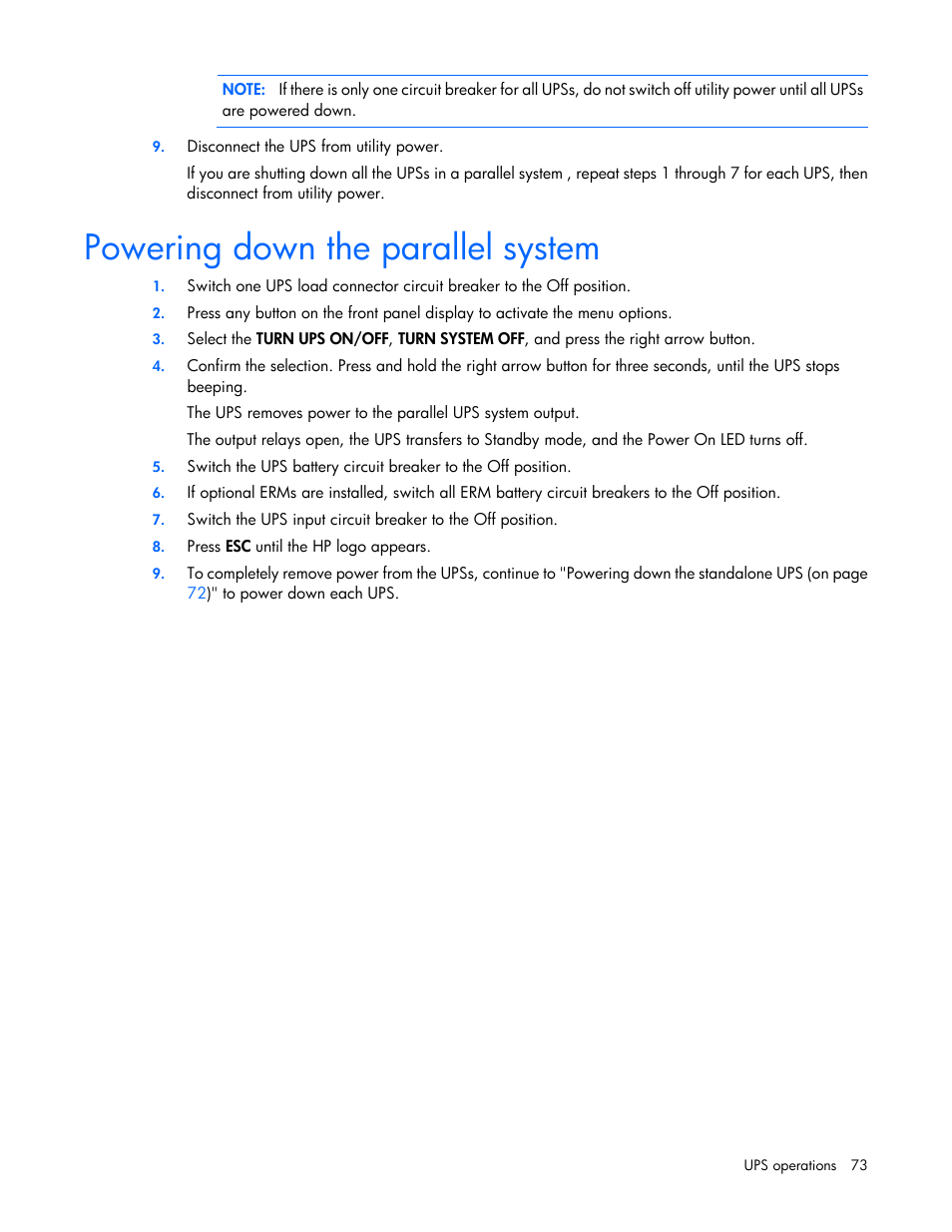 Powering down the parallel system | HP Parallel Uninterruptible Power System User Manual | Page 73 / 115