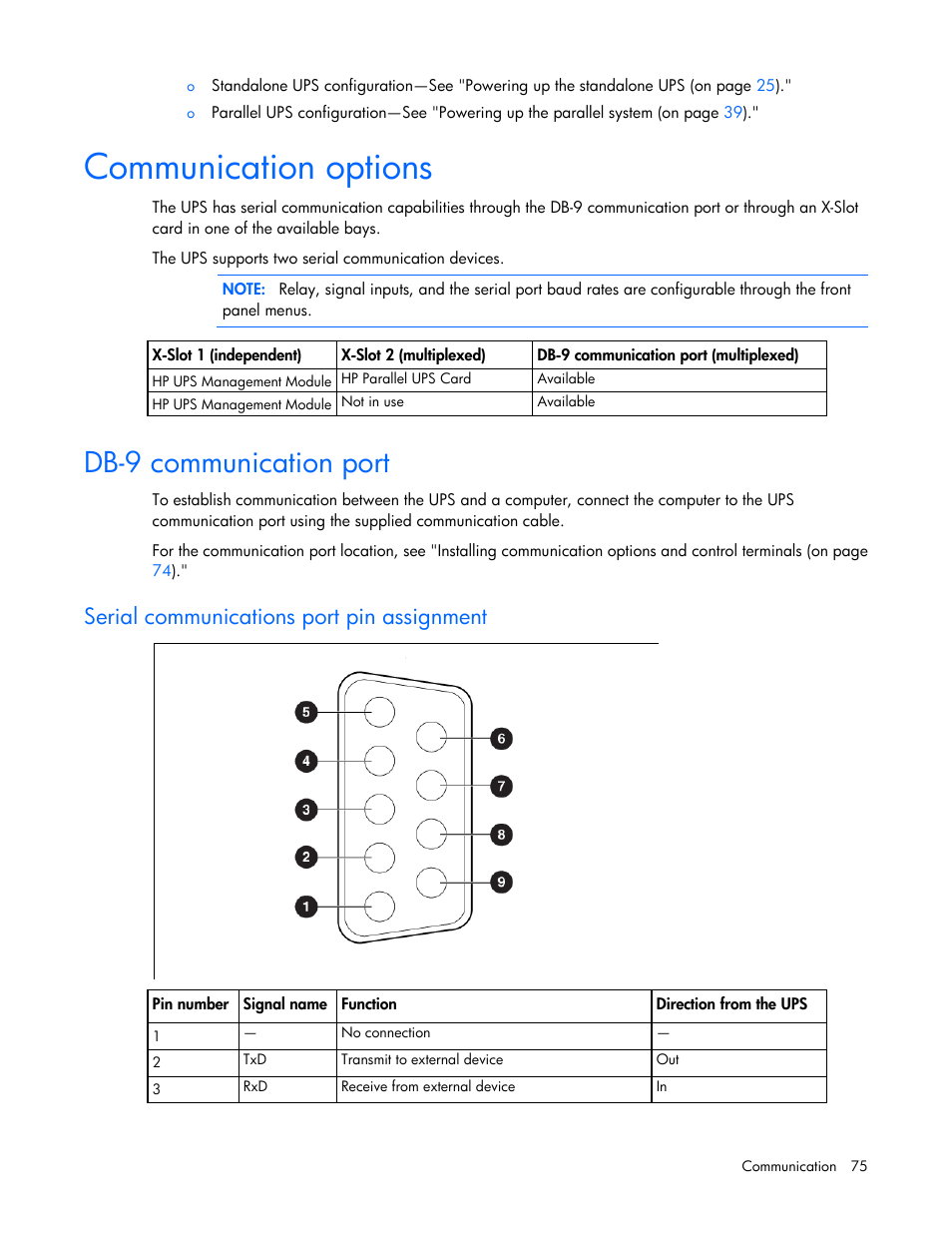 Communication options, Db-9 communication port, Serial communications port pin assignment | HP Parallel Uninterruptible Power System User Manual | Page 75 / 115