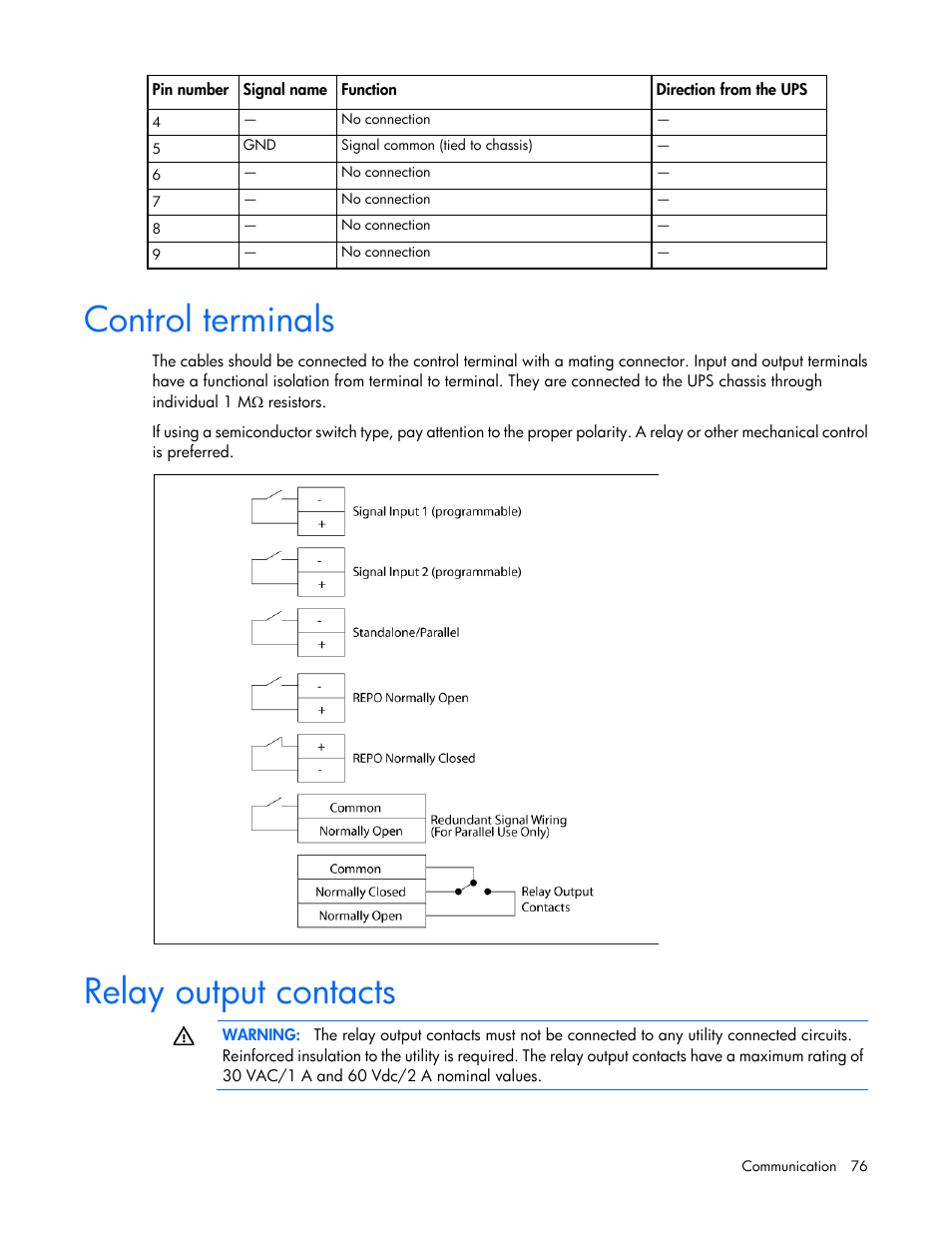 Control terminals, Relay output contacts | HP Parallel Uninterruptible Power System User Manual | Page 76 / 115