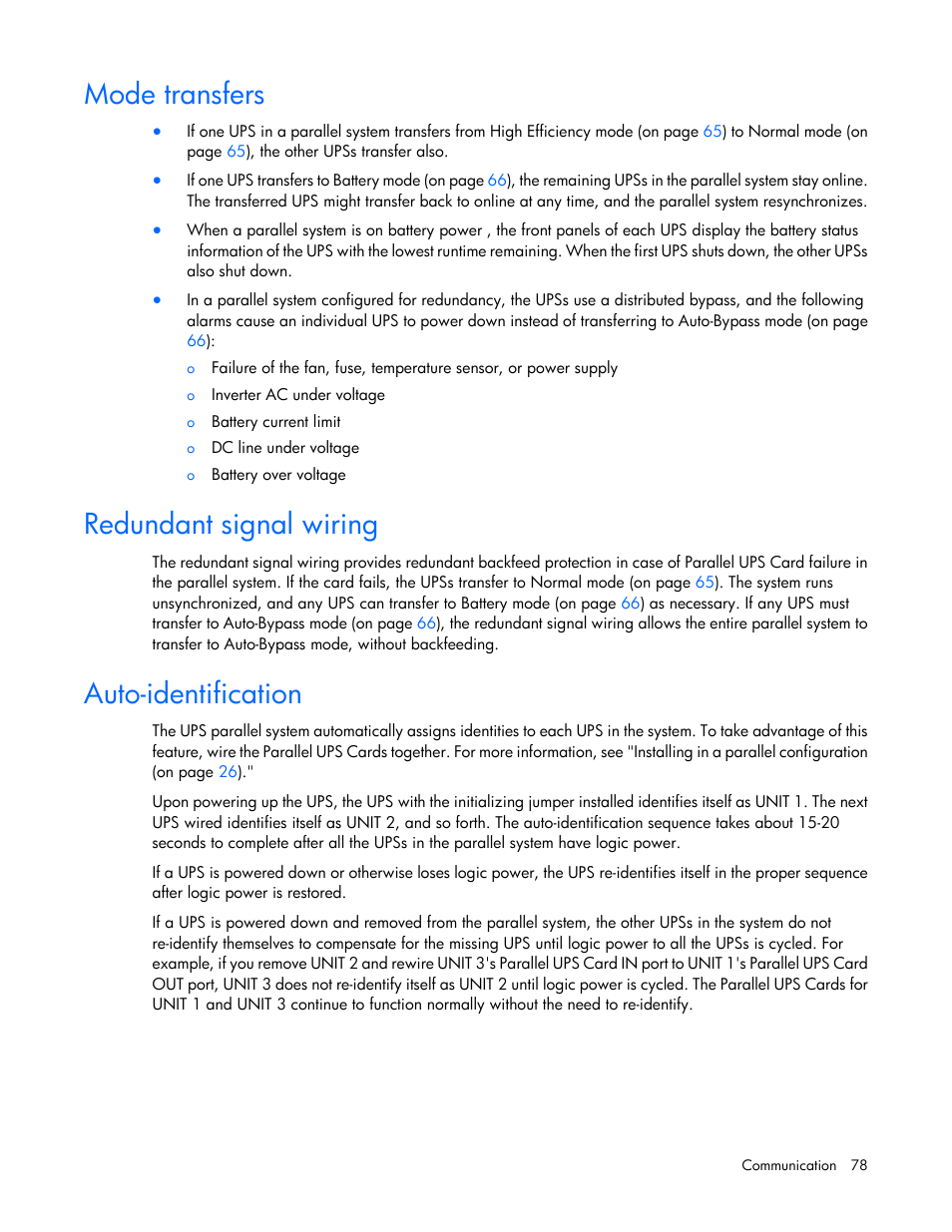 Mode transfers, Redundant signal wiring, Auto-identification | HP Parallel Uninterruptible Power System User Manual | Page 78 / 115