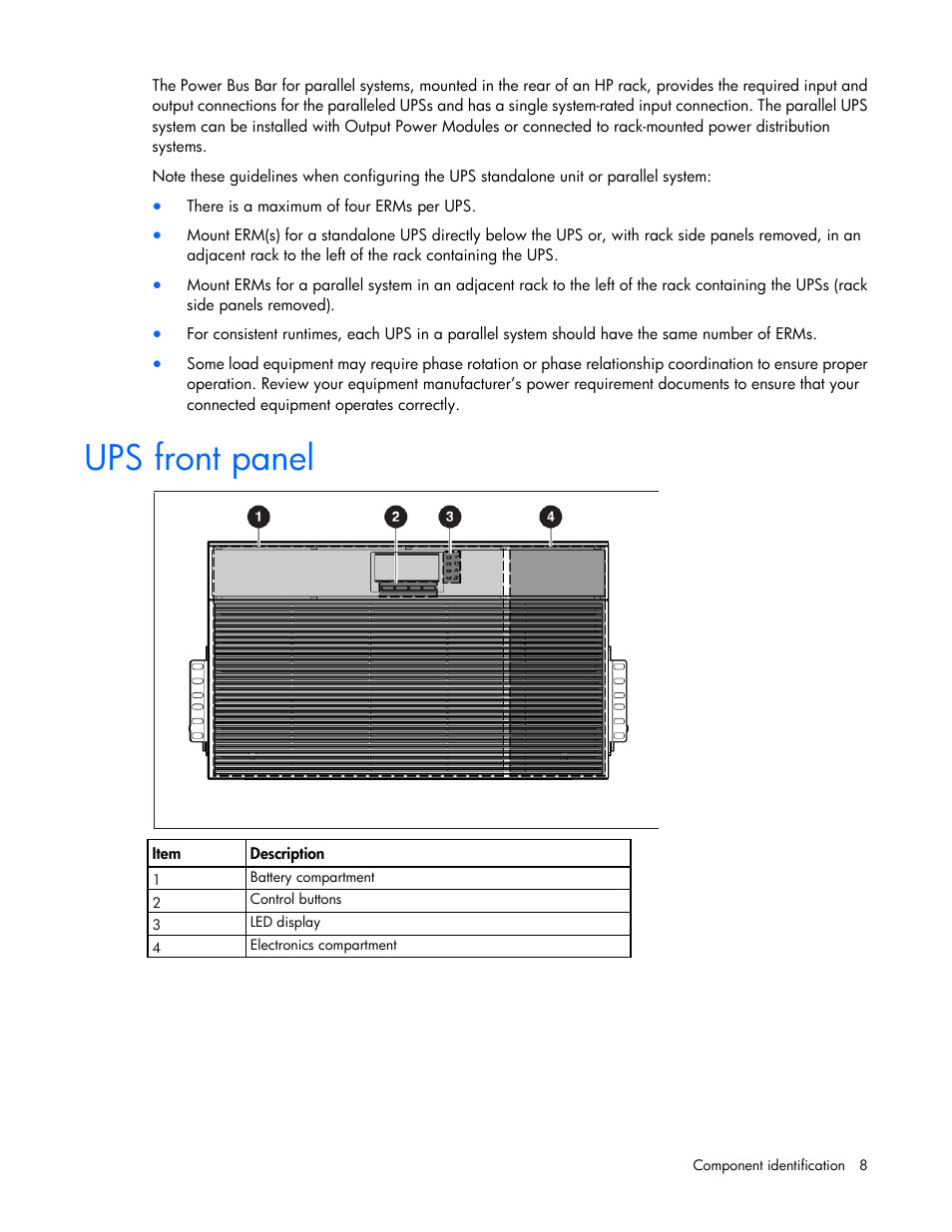 Ups front panel | HP Parallel Uninterruptible Power System User Manual | Page 8 / 115