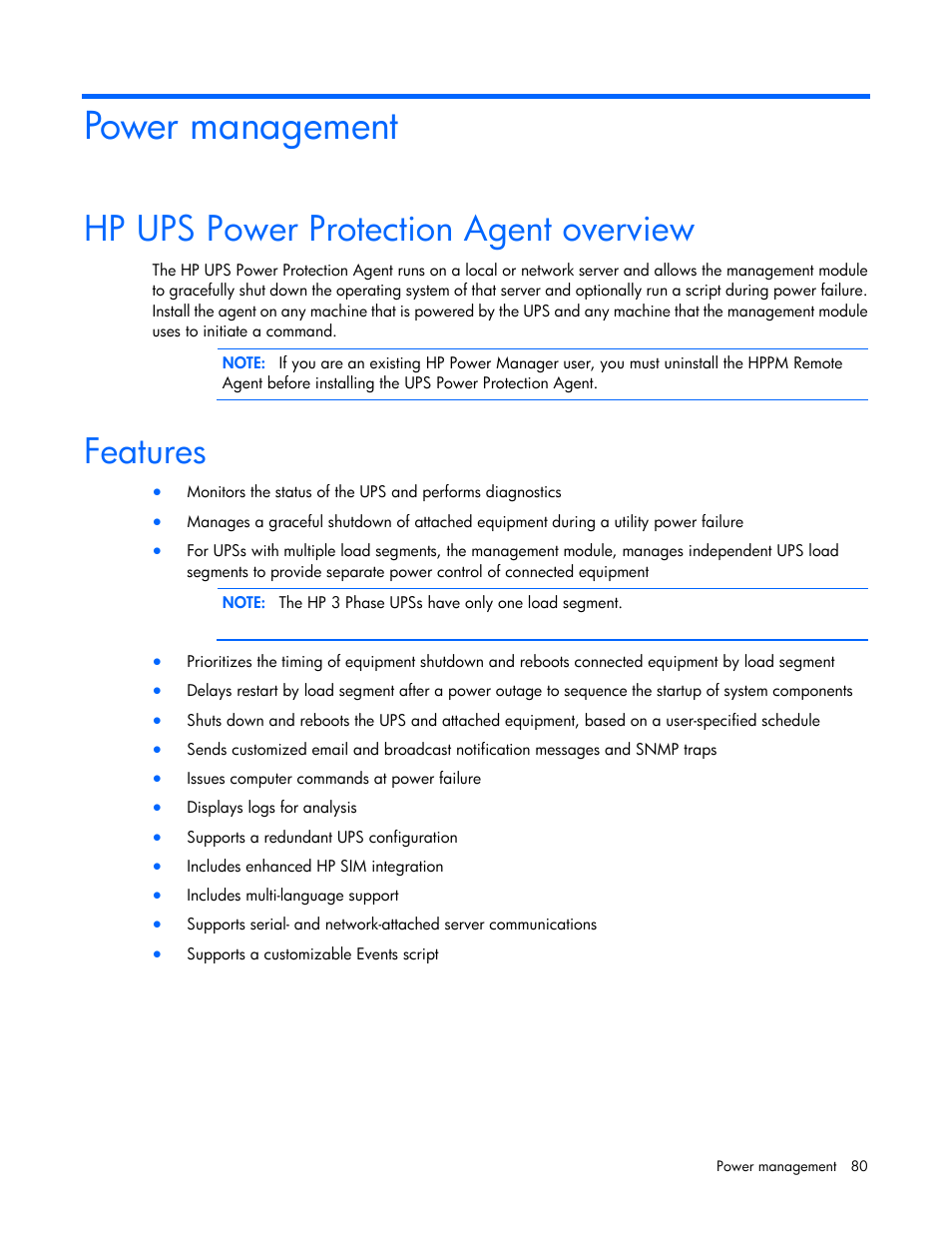 Power management, Hp ups power protection agent overview, Features | HP Parallel Uninterruptible Power System User Manual | Page 80 / 115