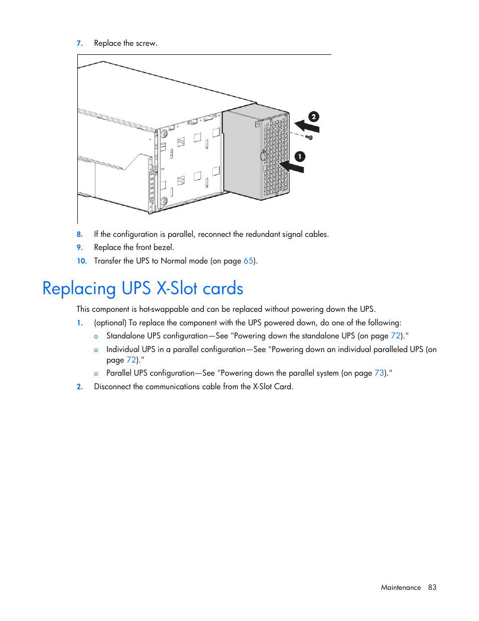 Replacing ups x-slot cards | HP Parallel Uninterruptible Power System User Manual | Page 83 / 115