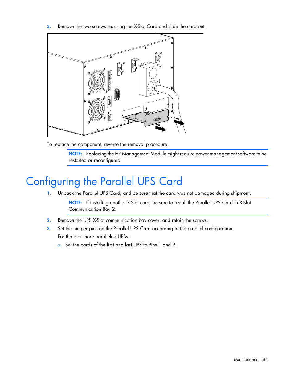 Configuring the parallel ups card | HP Parallel Uninterruptible Power System User Manual | Page 84 / 115