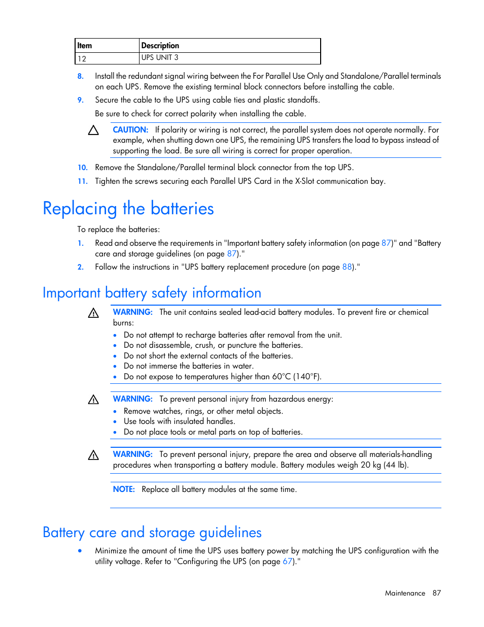Replacing the batteries, Important battery safety information, Battery care and storage guidelines | HP Parallel Uninterruptible Power System User Manual | Page 87 / 115