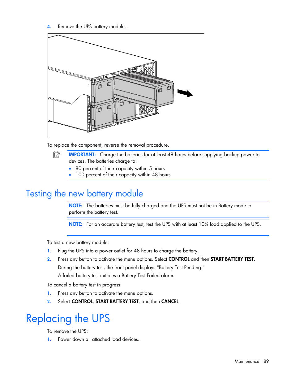 Testing the new battery module, Replacing the ups | HP Parallel Uninterruptible Power System User Manual | Page 89 / 115