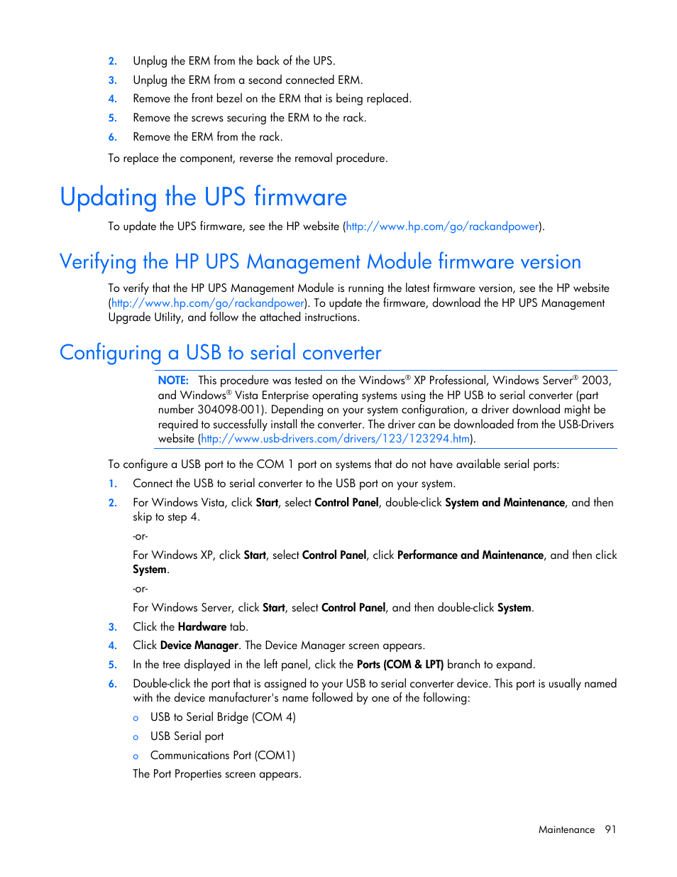 Updating the ups firmware, Configuring a usb to serial converter | HP Parallel Uninterruptible Power System User Manual | Page 91 / 115