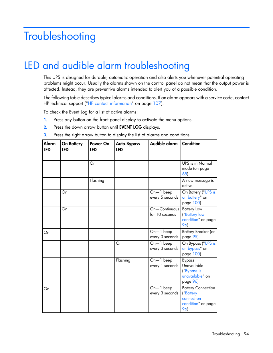 Troubleshooting, Led and audible alarm troubleshooting | HP Parallel Uninterruptible Power System User Manual | Page 94 / 115