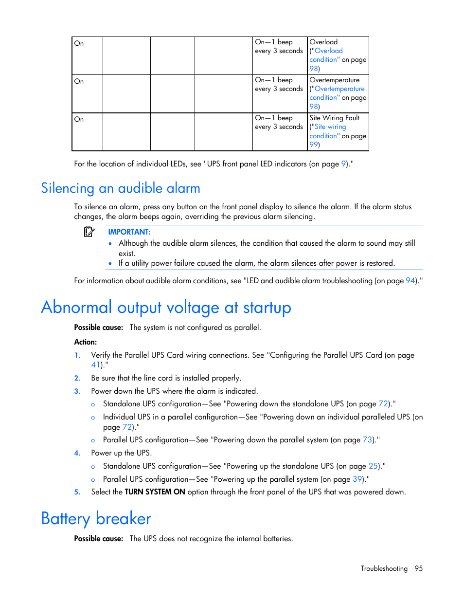 Silencing an audible alarm, Abnormal output voltage at startup, Battery breaker | HP Parallel Uninterruptible Power System User Manual | Page 95 / 115