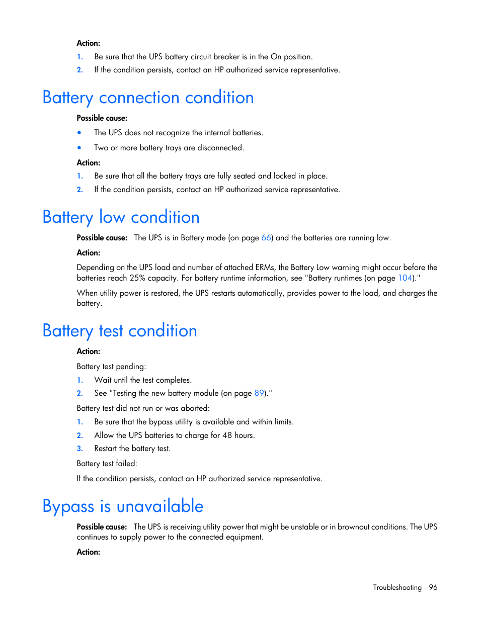 Battery connection condition, Battery low condition, Battery test condition | Bypass is unavailable, Battery low, Condition, Bypass is, Unavailable, Battery, Connection | HP Parallel Uninterruptible Power System User Manual | Page 96 / 115