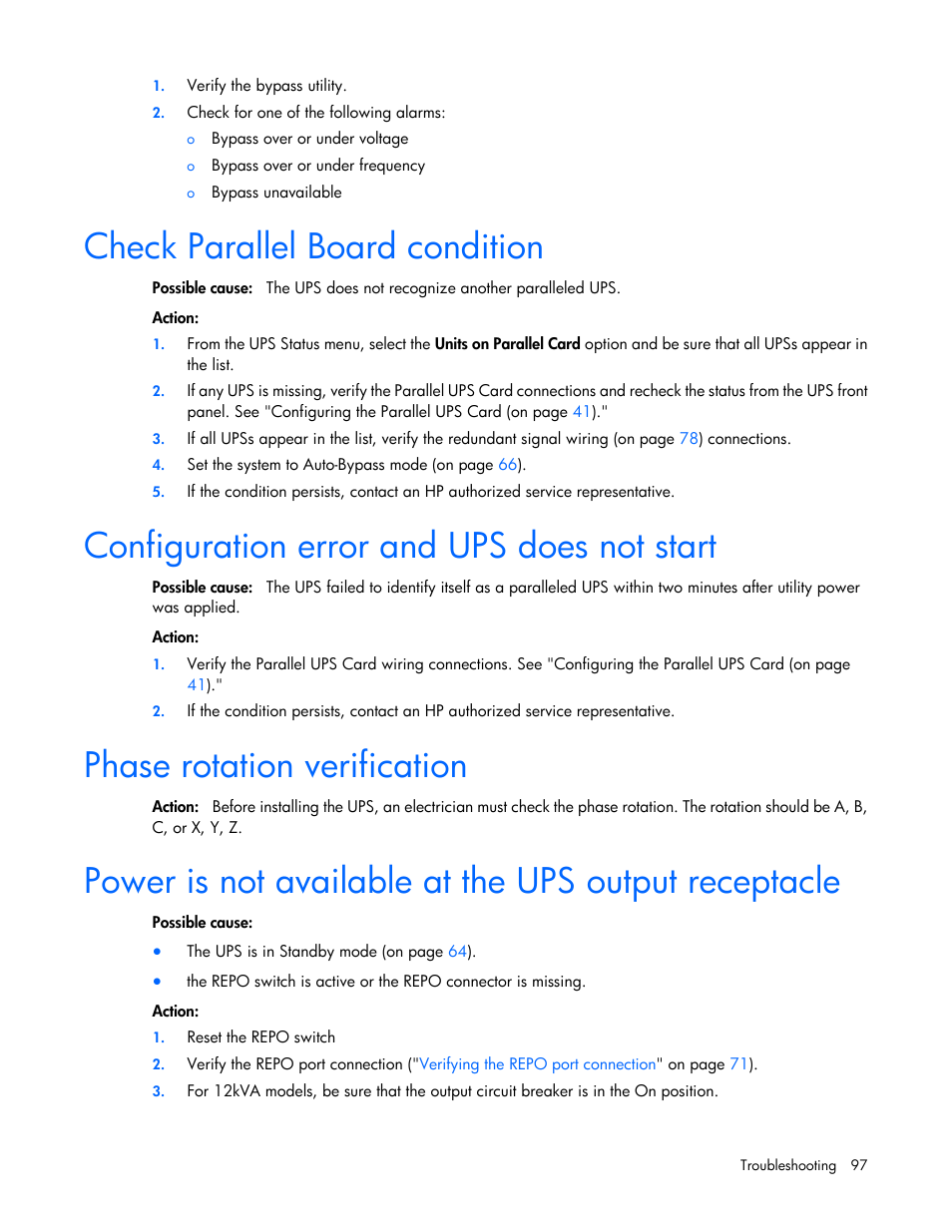 Check parallel board condition, Configuration error and ups does not start, Phase rotation verification | HP Parallel Uninterruptible Power System User Manual | Page 97 / 115