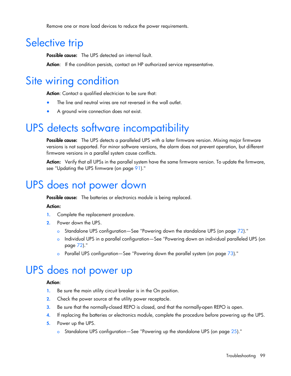 Selective trip, Site wiring condition, Ups detects software incompatibility | Ups does not power down, Ups does not power up, Site wiring, Condition | HP Parallel Uninterruptible Power System User Manual | Page 99 / 115