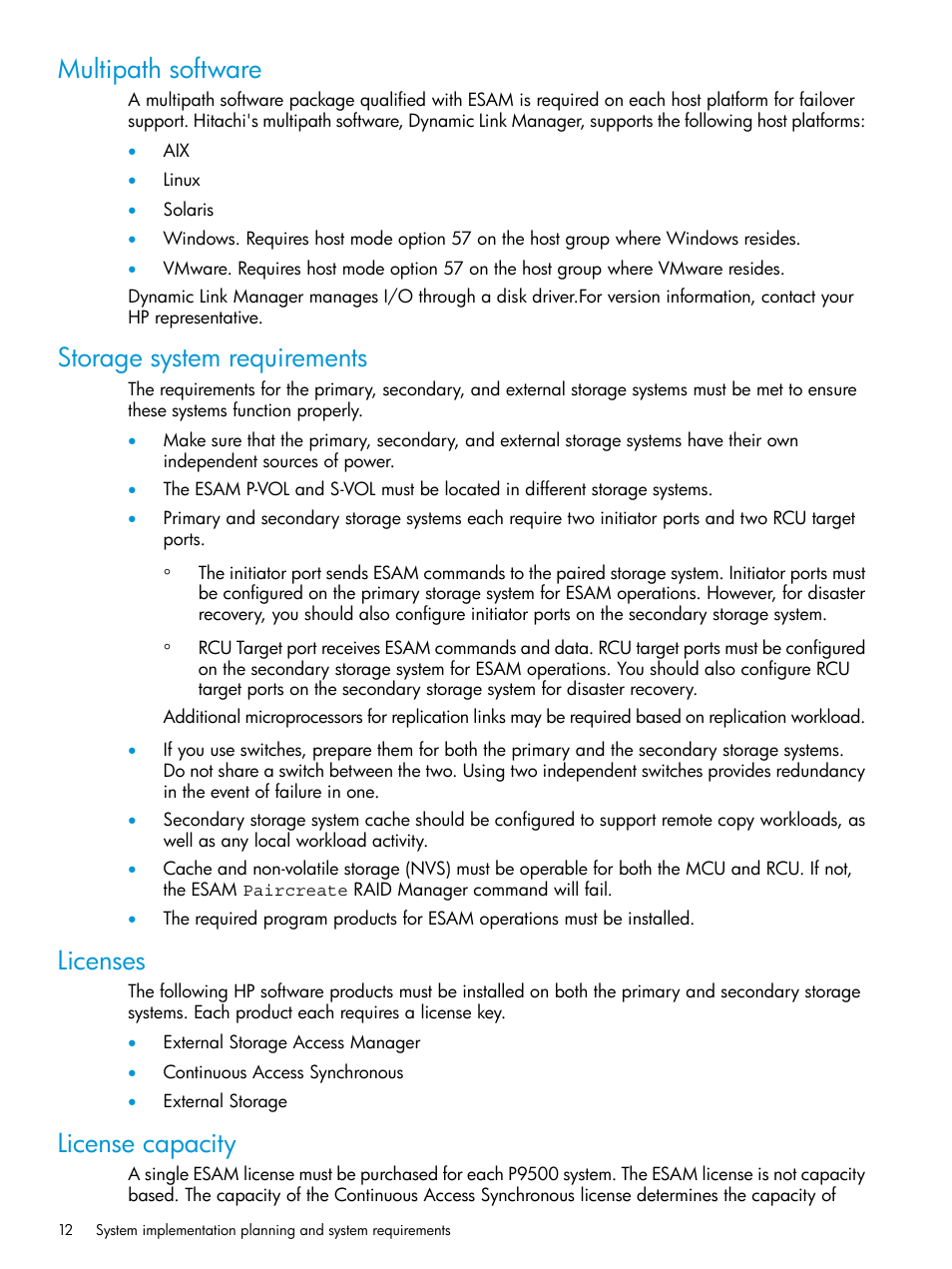 Multipath software, Storage system requirements, Licenses | License capacity | HP XP Racks User Manual | Page 12 / 96