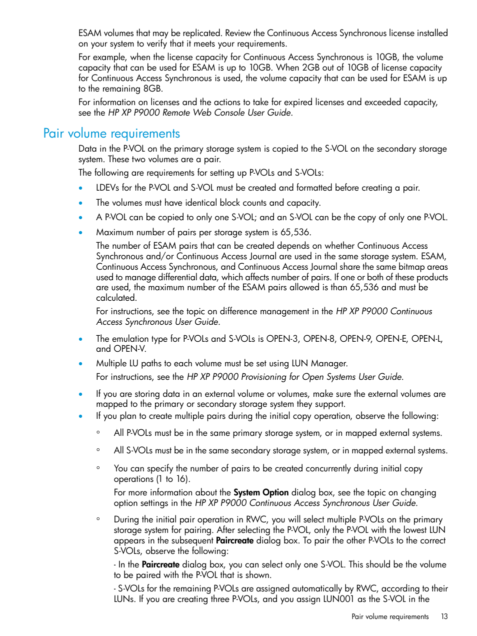 Pair volume requirements | HP XP Racks User Manual | Page 13 / 96