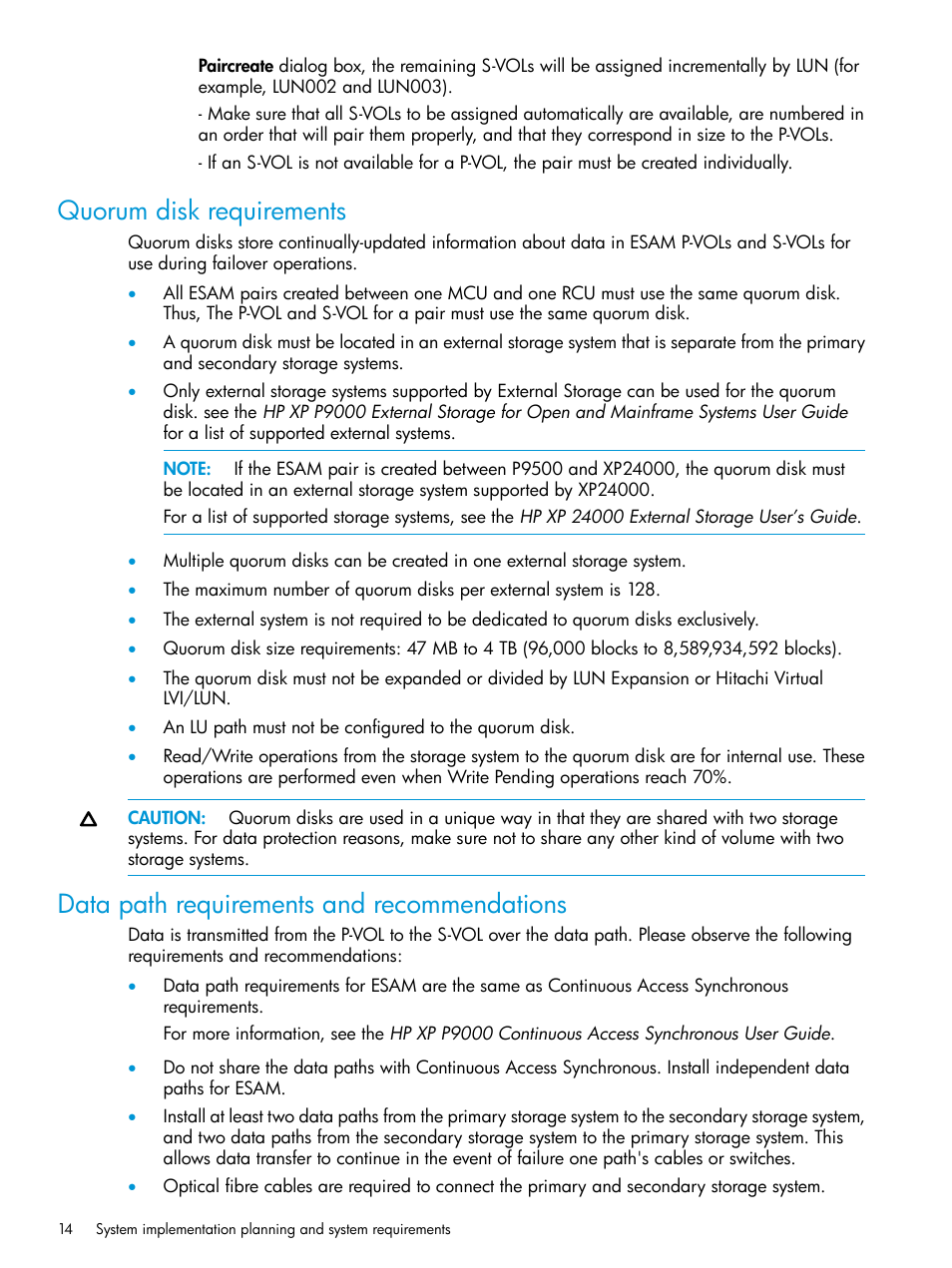 Quorum disk requirements, Data path requirements and recommendations | HP XP Racks User Manual | Page 14 / 96