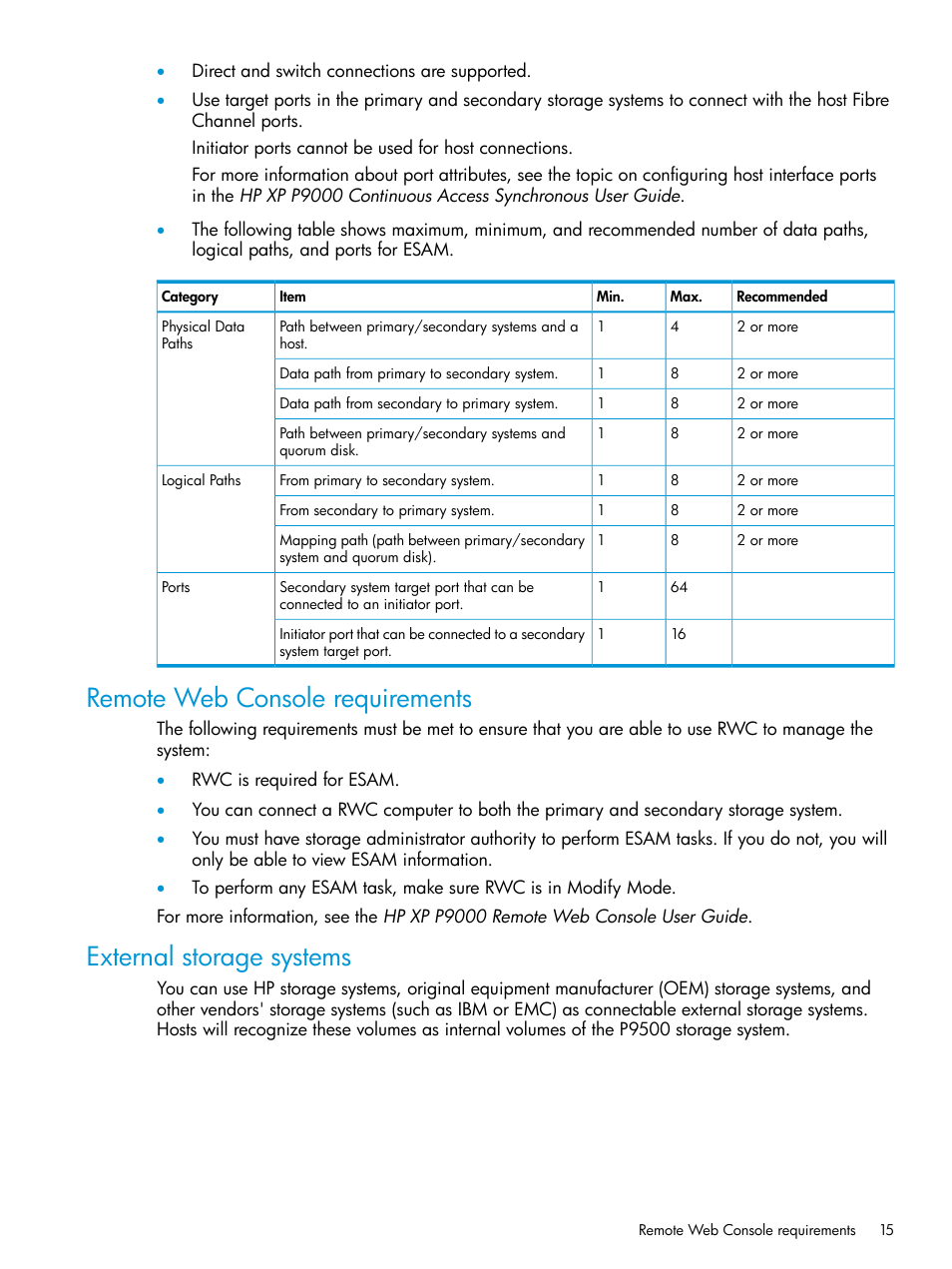 Remote web console requirements, External storage systems | HP XP Racks User Manual | Page 15 / 96