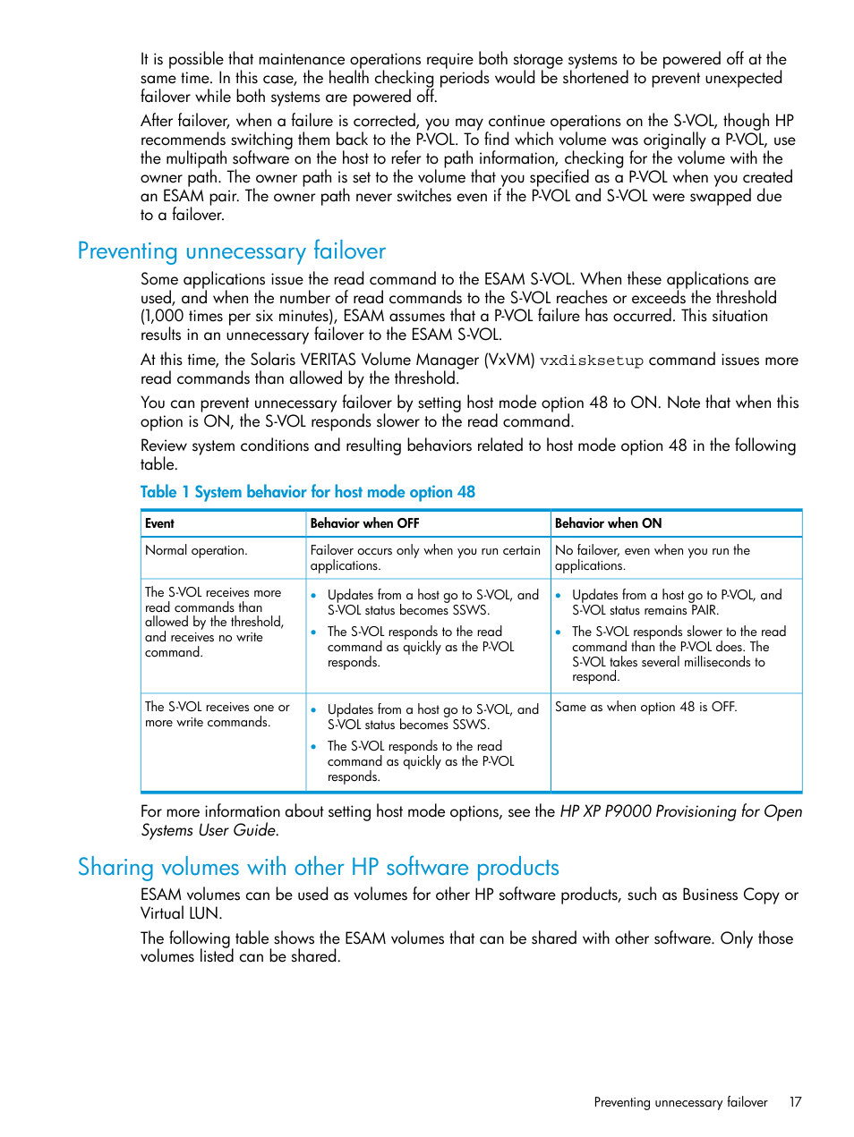 Preventing unnecessary failover, Sharing volumes with other hp software products | HP XP Racks User Manual | Page 17 / 96
