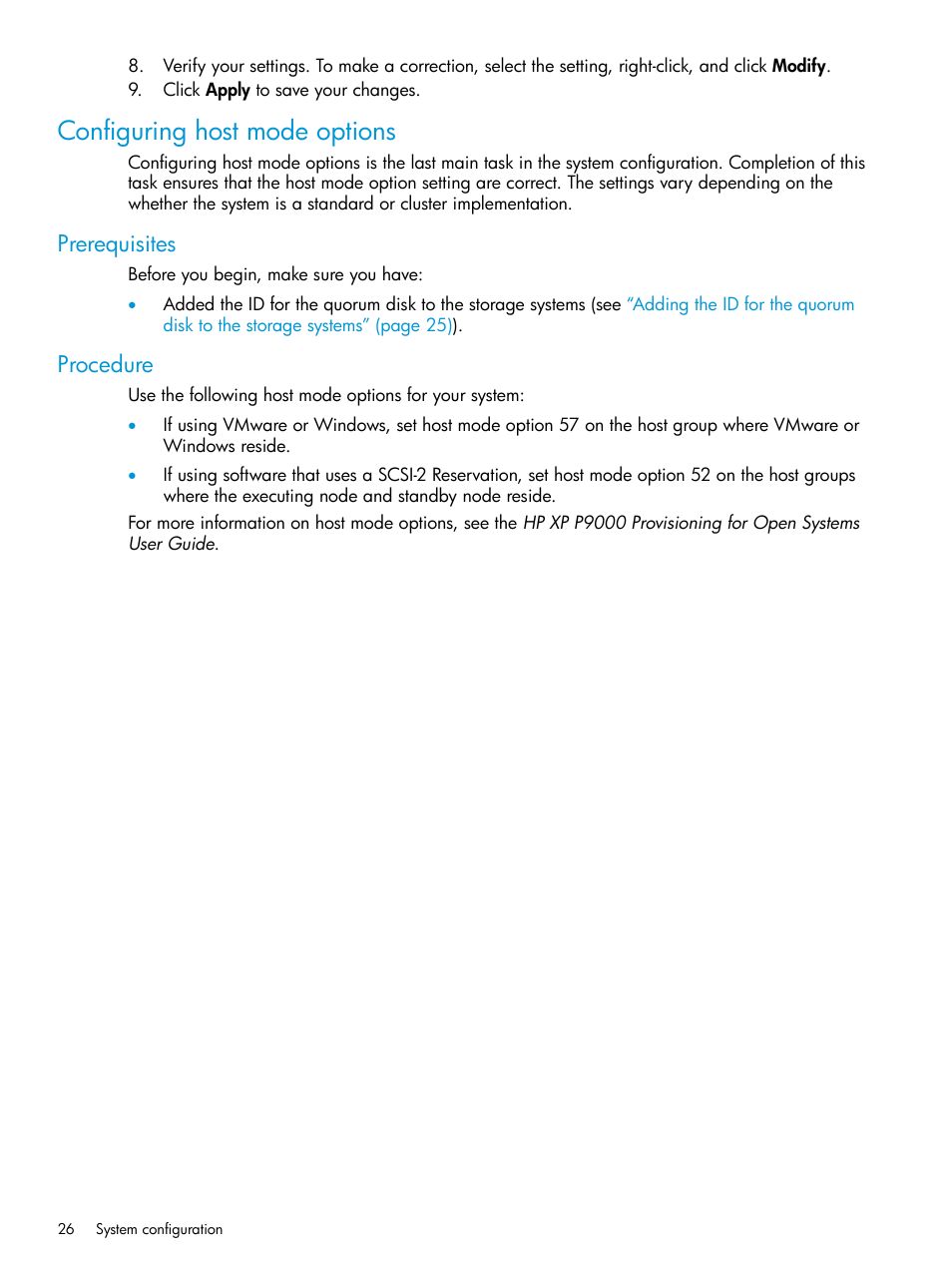 Configuring host mode options, Prerequisites, Procedure | Prerequisites procedure | HP XP Racks User Manual | Page 26 / 96