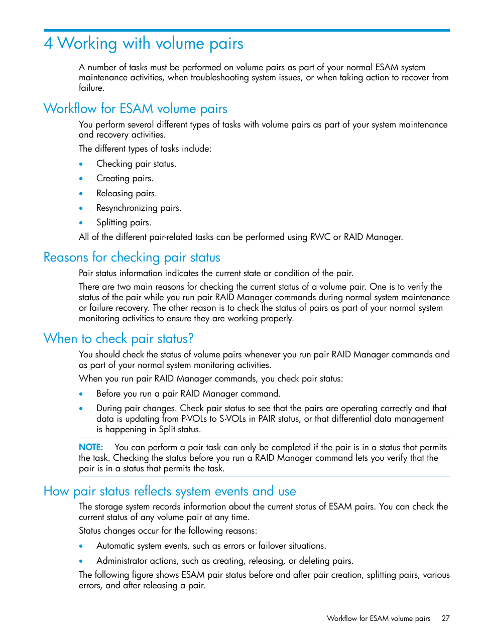 4 working with volume pairs, Workflow for esam volume pairs, Reasons for checking pair status | When to check pair status, How pair status reflects system events and use | HP XP Racks User Manual | Page 27 / 96