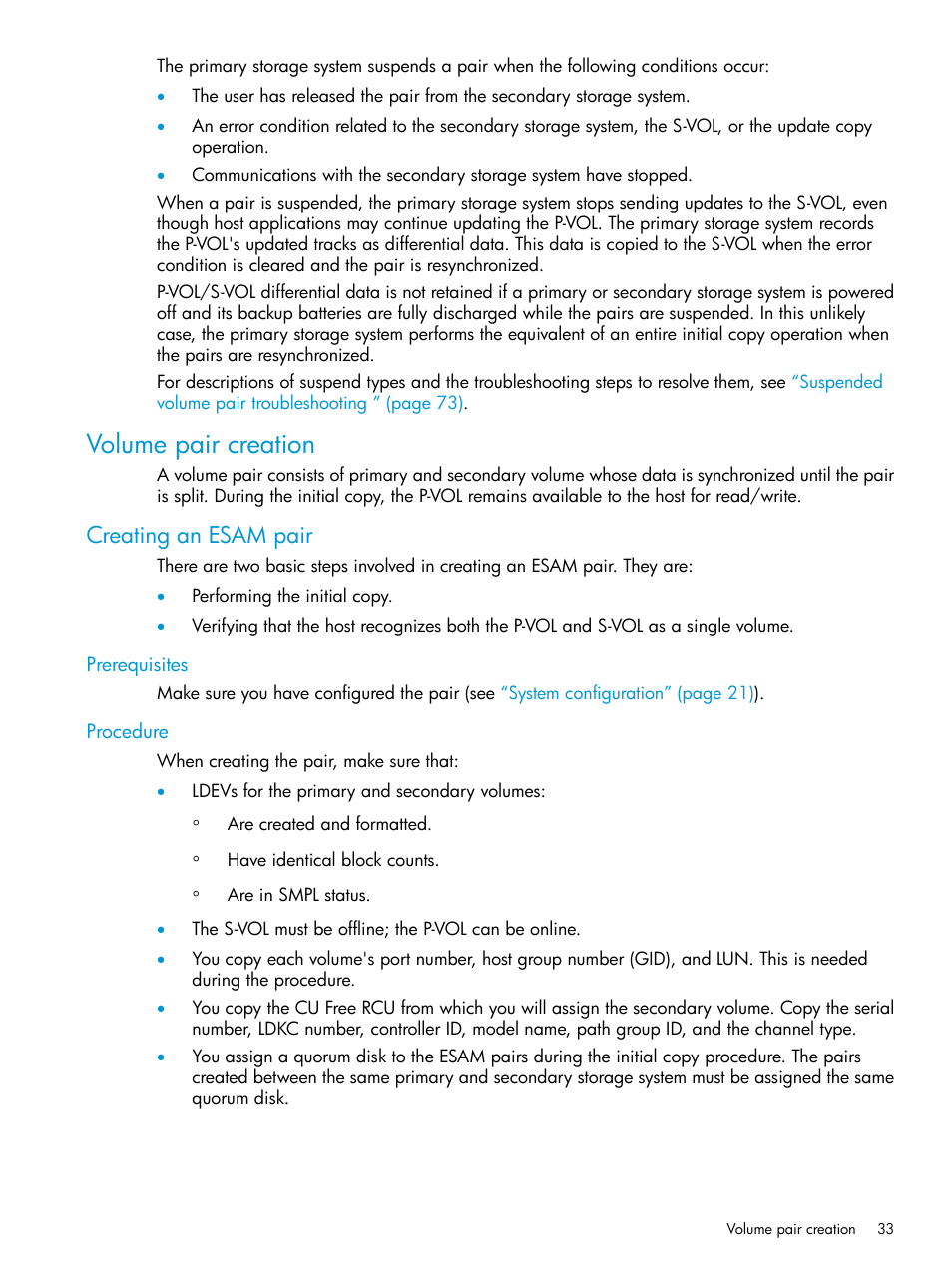 Volume pair creation, Creating an esam pair, Prerequisites | Procedure, Prerequisites procedure | HP XP Racks User Manual | Page 33 / 96