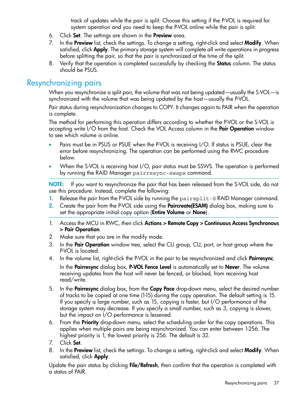 Resynchronizing pairs | HP XP Racks User Manual | Page 37 / 96