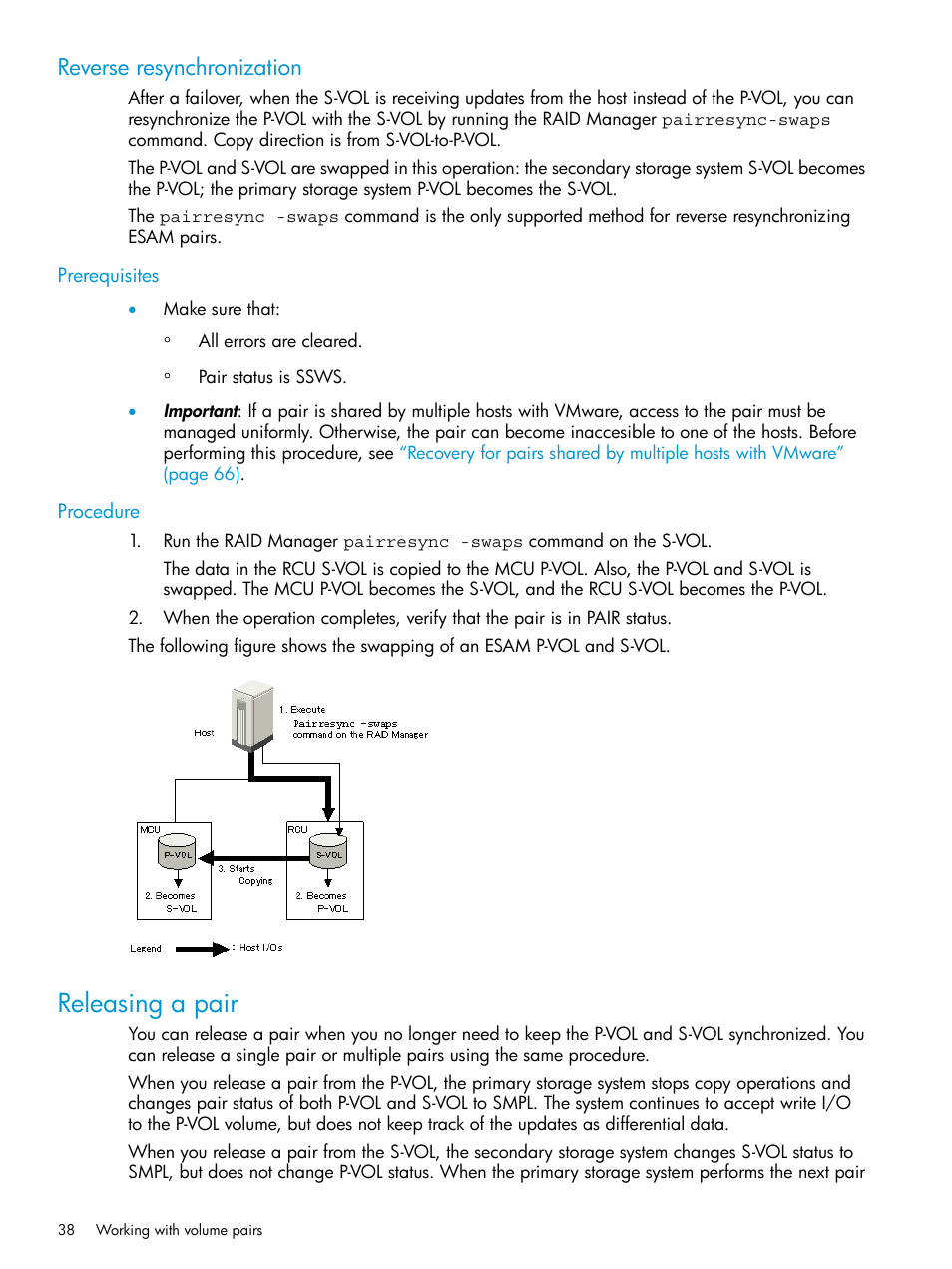 Reverse resynchronization, Prerequisites, Procedure | Releasing a pair, Prerequisites procedure | HP XP Racks User Manual | Page 38 / 96
