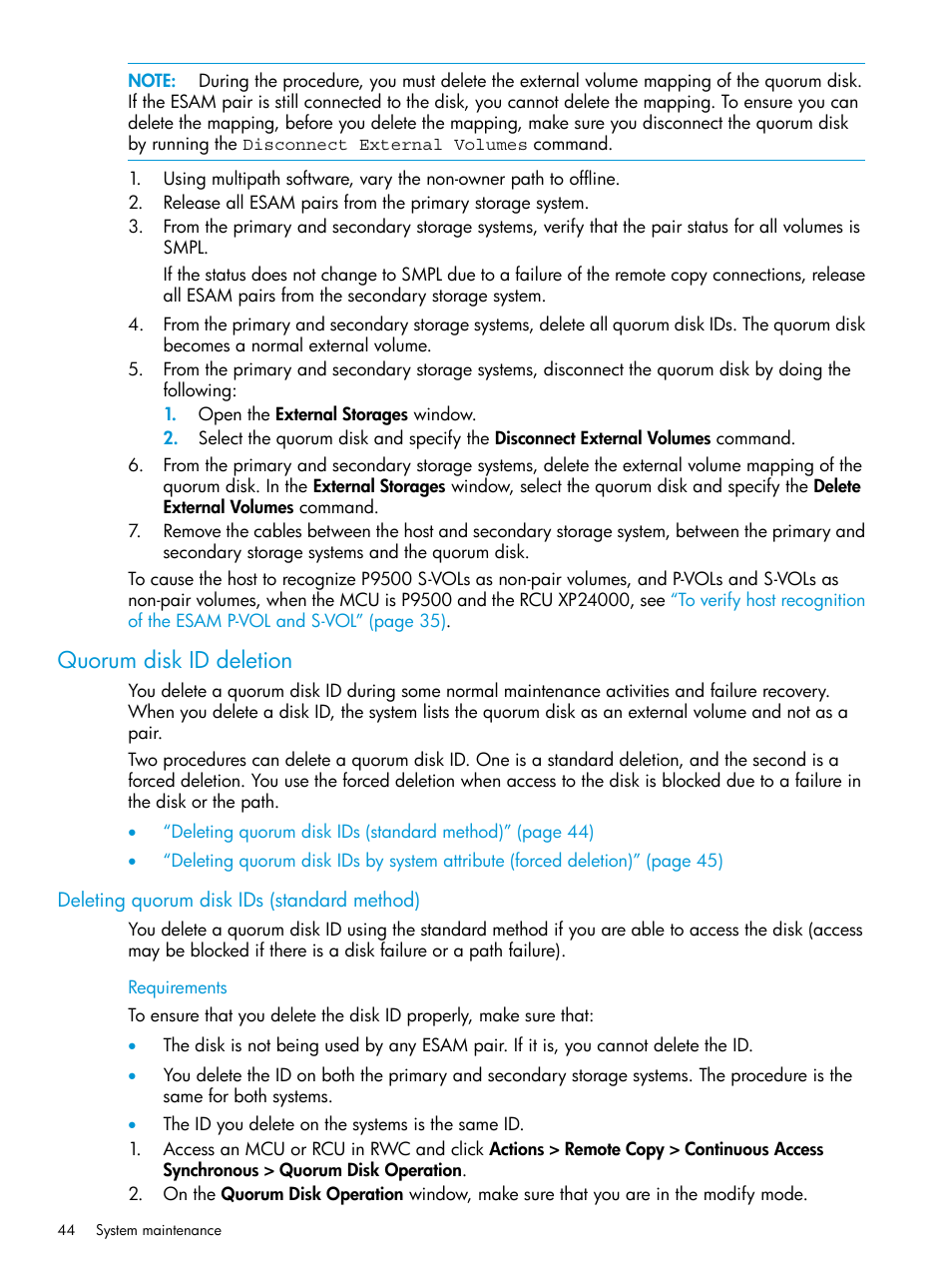 Quorum disk id deletion, Deleting quorum disk ids (standard method) | HP XP Racks User Manual | Page 44 / 96