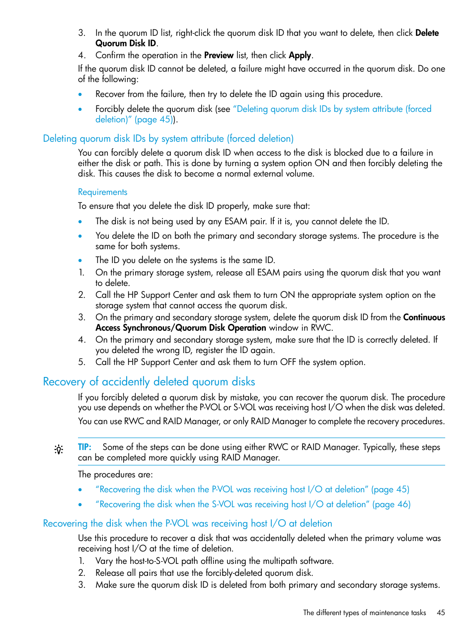 Recovery of accidently deleted quorum disks | HP XP Racks User Manual | Page 45 / 96