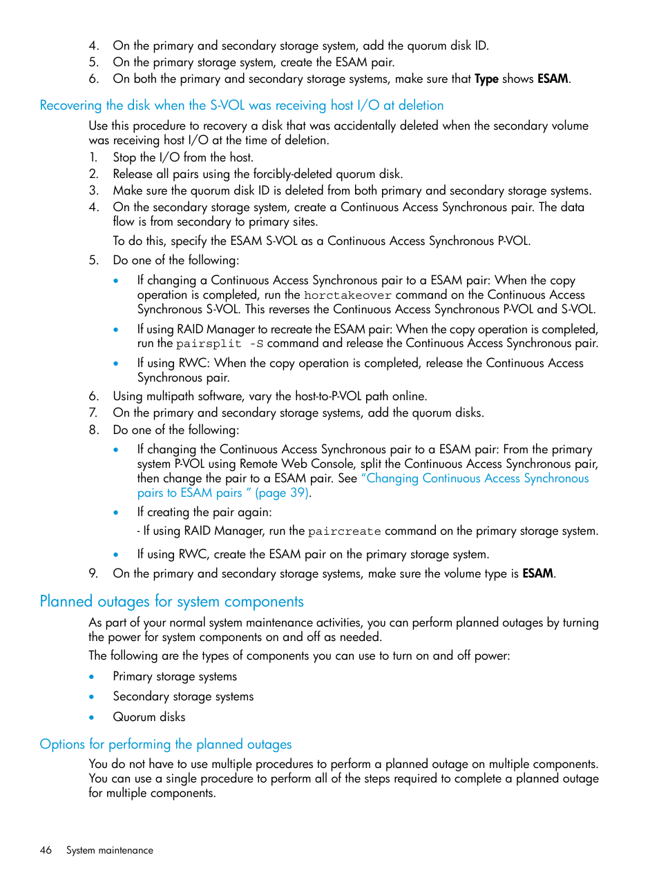 Planned outages for system components, Options for performing the planned outages | HP XP Racks User Manual | Page 46 / 96