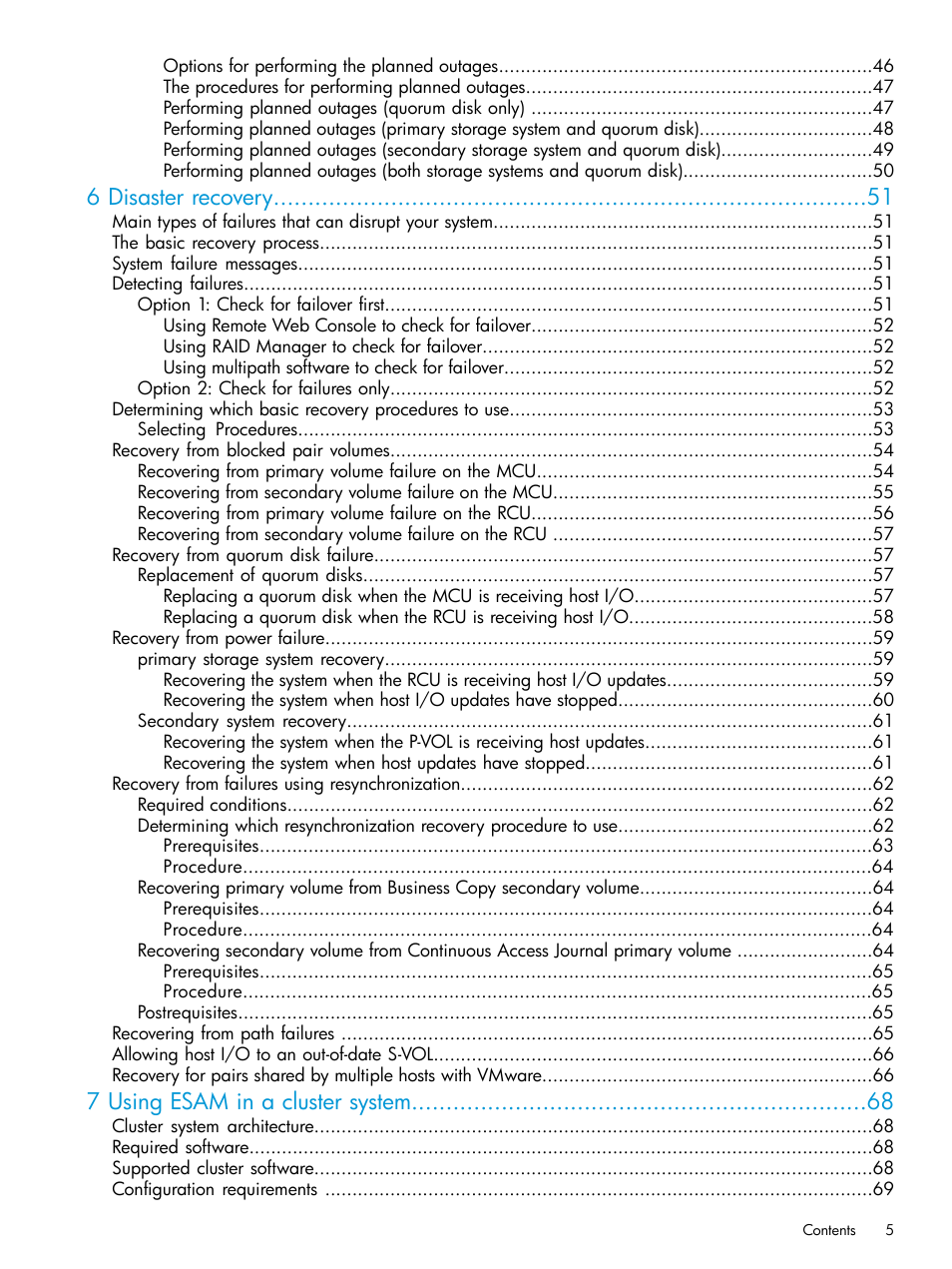 6 disaster recovery, 7 using esam in a cluster system | HP XP Racks User Manual | Page 5 / 96