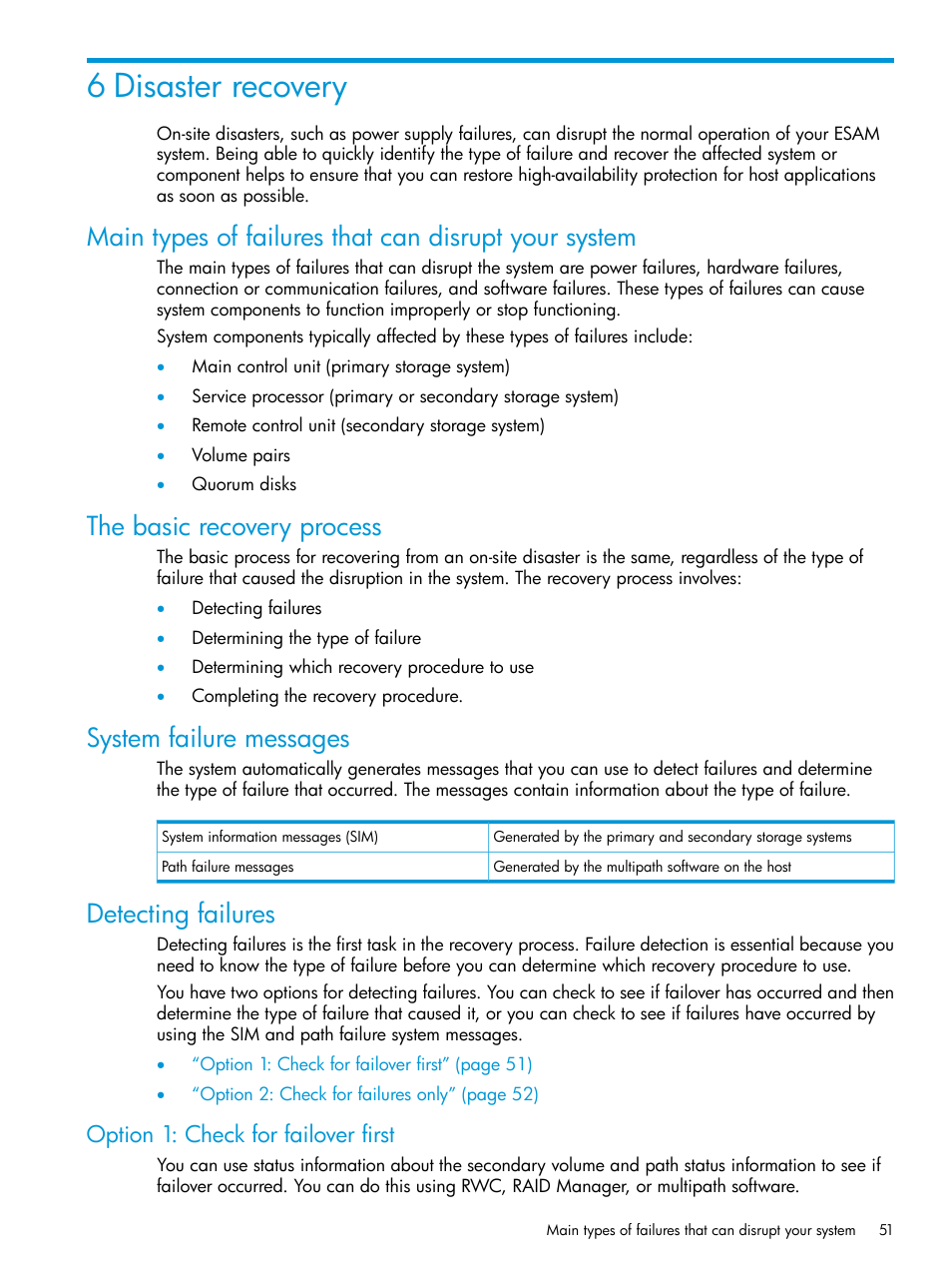 6 disaster recovery, The basic recovery process, System failure messages | Detecting failures, Option 1: check for failover first | HP XP Racks User Manual | Page 51 / 96