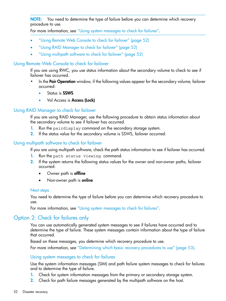 Using remote web console to check for failover, Using raid manager to check for failover, Using multipath software to check for failover | Option 2: check for failures only | HP XP Racks User Manual | Page 52 / 96