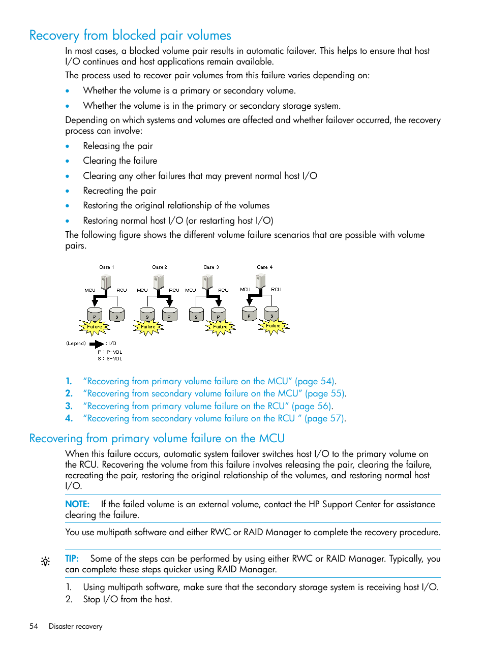 Recovery from blocked pair volumes, Recovering from primary volume failure on the mcu | HP XP Racks User Manual | Page 54 / 96