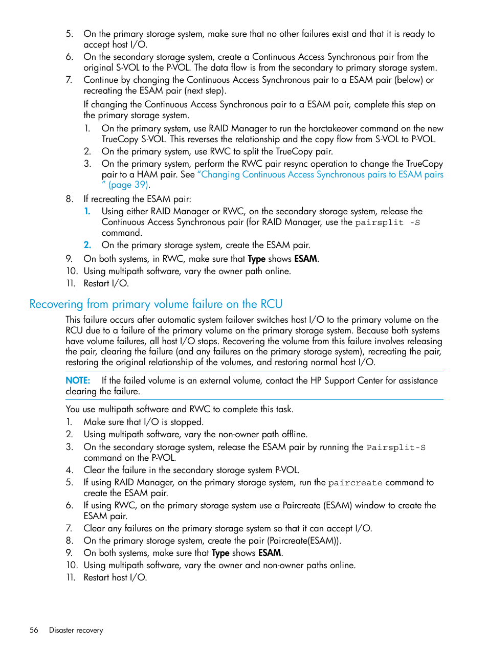 Recovering from primary volume failure on the rcu | HP XP Racks User Manual | Page 56 / 96