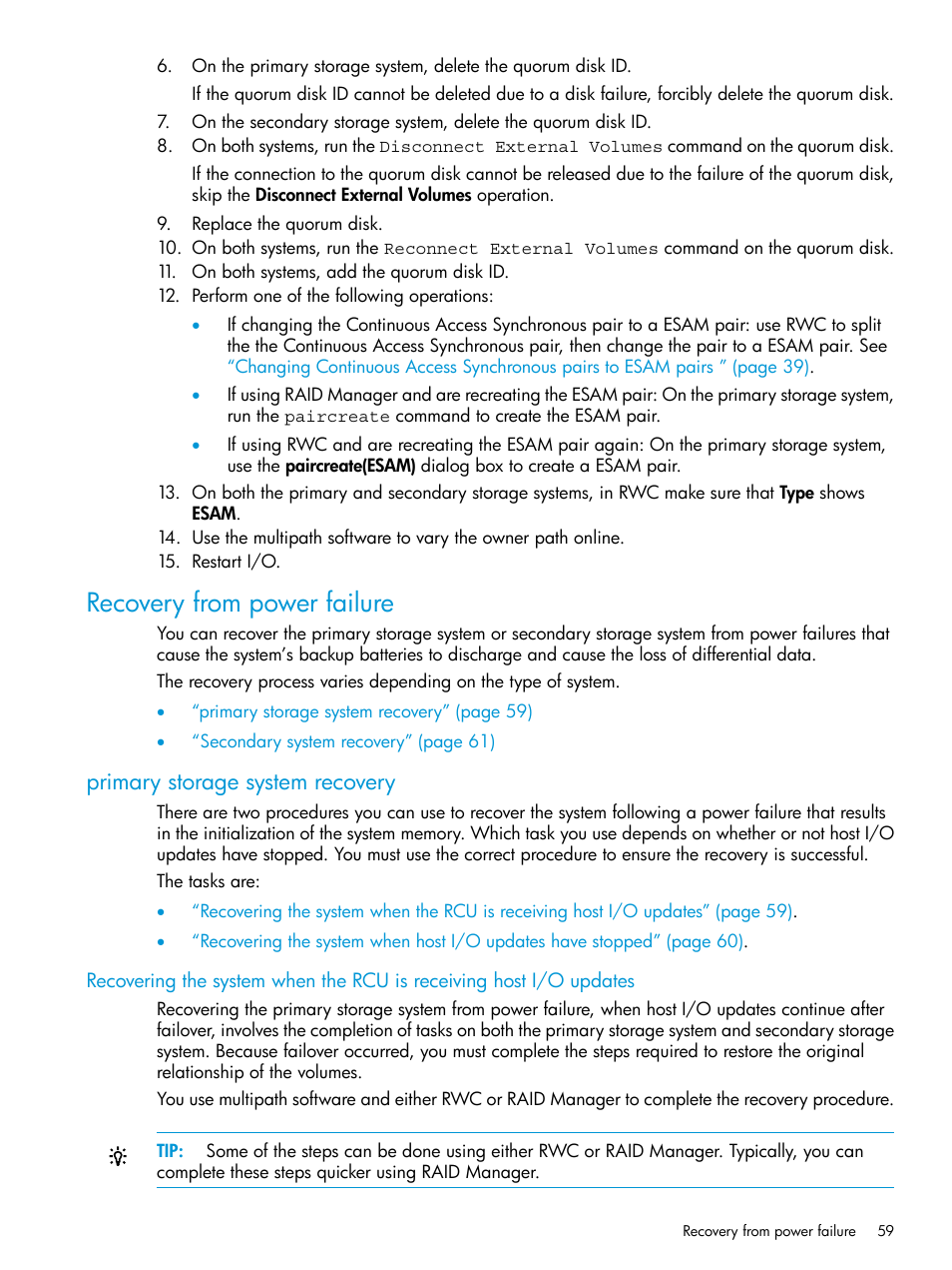 Recovery from power failure, Primary storage system recovery | HP XP Racks User Manual | Page 59 / 96